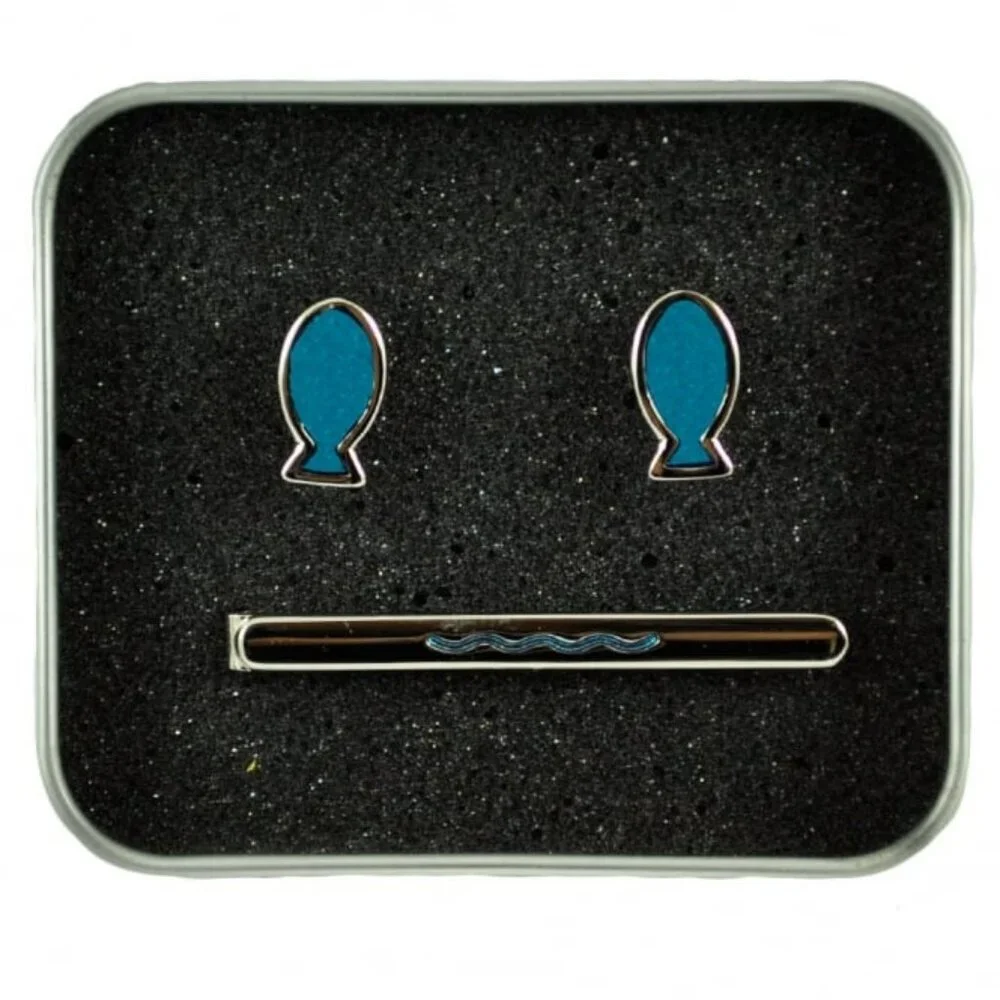 *3 FOR $9* NEW Brent Morgan Neckwear Religious Fish Wave Cufflinks Tie Clip Set
